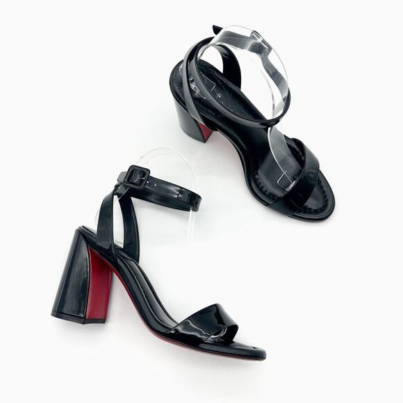 CHRISTIAN LOUBOUTIN Miss Sabina Black Ankle Strap Heel Size 37.5 Patent Leather - Picture 1 of 14